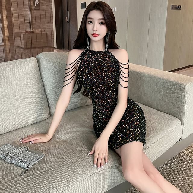 Cold-Shoulder Sequin Strappy Mini Sheath Dress