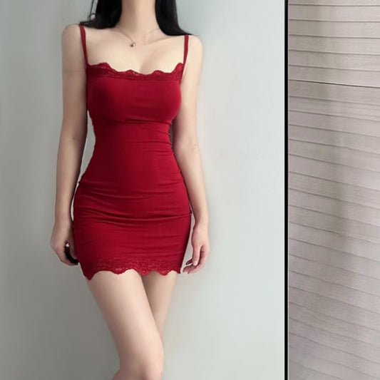 Spaghetti Strap Plain Lace Trim Mini Bodycon Dress