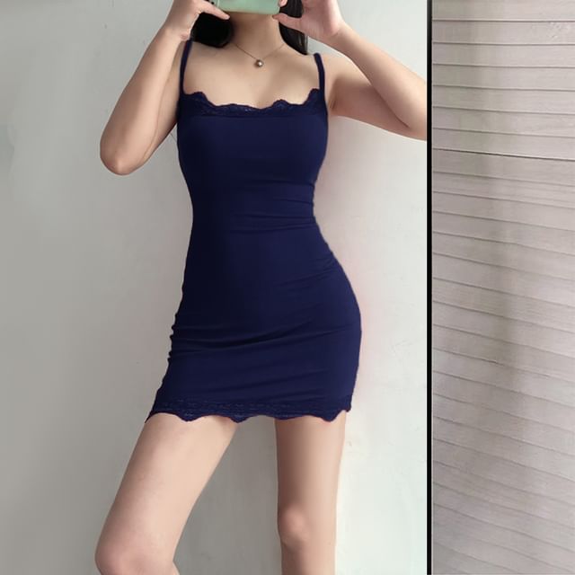 Spaghetti Strap Plain Lace Trim Mini Bodycon Dress