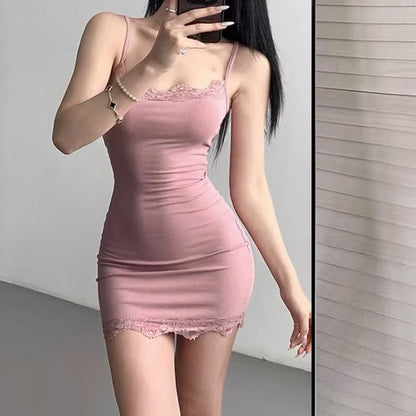 Spaghetti Strap Plain Lace Trim Mini Bodycon Dress
