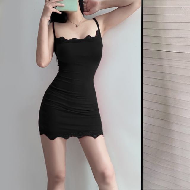 Spaghetti Strap Plain Lace Trim Mini Bodycon Dress