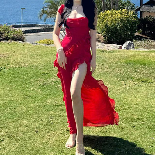 Sleeveless Square Neck Plain Ruffle Trim Open Back Slit Maxi Bodycon Dress