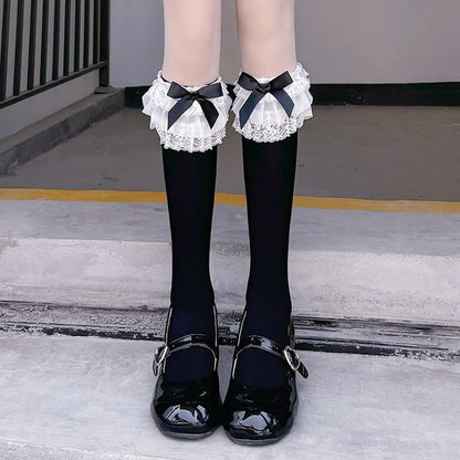Bow Trim Socks Plain Lace