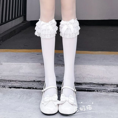Bow Trim Socks Plain Lace