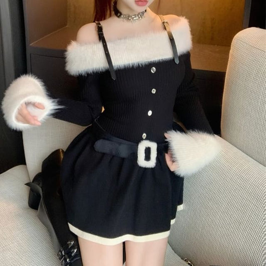 Set: Long-Sleeve Cold Shoulder Two Tone Fluffy Panel Buckled Mini A-Line Knit Dress + Belt
