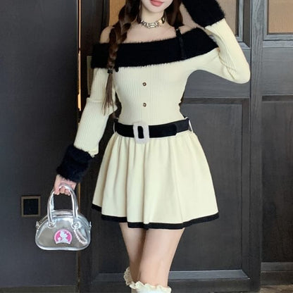 Set: Long-Sleeve Cold Shoulder Two Tone Fluffy Panel Buckled Mini A-Line Knit Dress + Belt