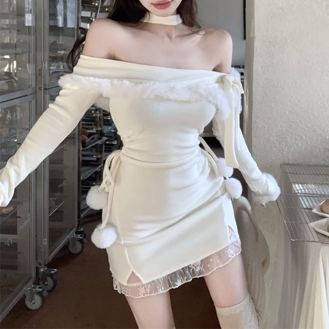 Long-Sleeve Off Shoulder Pom Pom Mini Bodycon Dress