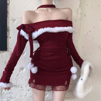 Long-Sleeve Off Shoulder Pom Pom Mini Bodycon Dress