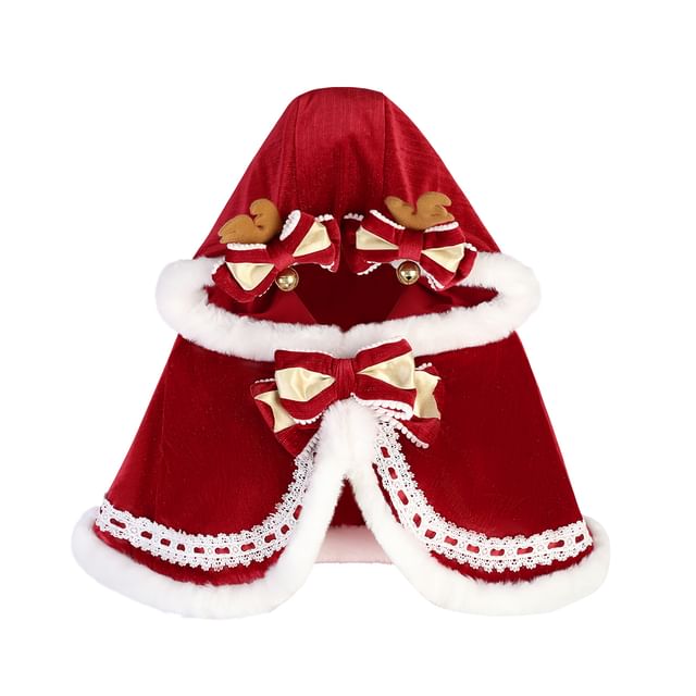 Christmas Long Sleeve Mock Neck Plain Fluffy Trim Top / Panel Mini A-Line Overall Dress / Hooded Capelet / Bow / Set