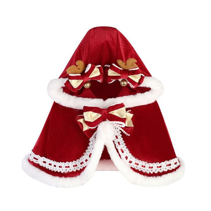 Christmas Long Sleeve Mock Neck Plain Fluffy Trim Top / Panel Mini A-Line Overall Dress / Hooded Capelet / Bow / Set