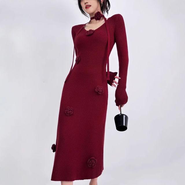 Set: Long-Sleeve V-Neck Plain Floral Accent Midi Sheath Knit Dress + Skinny Scarf
