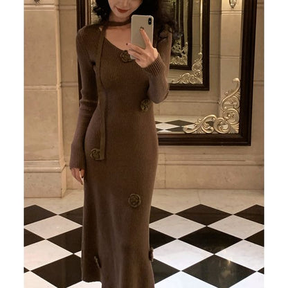 Set: Long-Sleeve V-Neck Plain Floral Accent Midi Sheath Knit Dress + Skinny Scarf