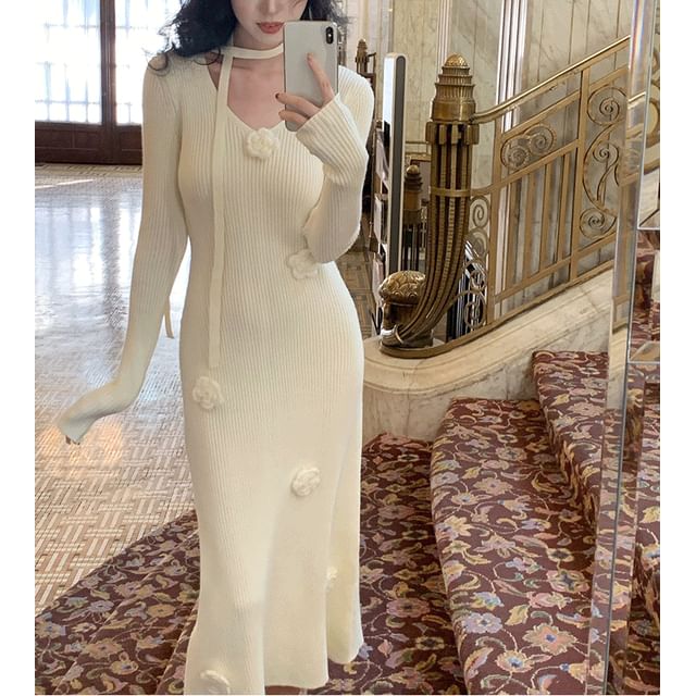 Set: Long-Sleeve V-Neck Plain Floral Accent Midi Sheath Knit Dress + Skinny Scarf