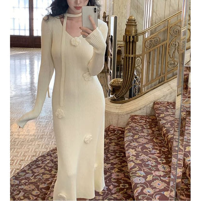 Set: Long-Sleeve V-Neck Plain Floral Accent Midi Sheath Knit Dress + Skinny Scarf