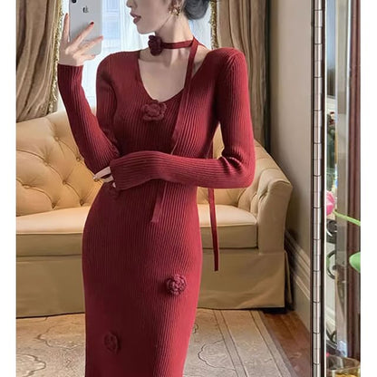 Set: Long-Sleeve V-Neck Plain Floral Accent Midi Sheath Knit Dress + Skinny Scarf