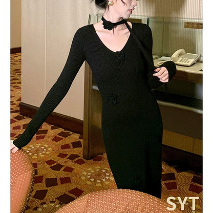 Set: Long-Sleeve V-Neck Plain Floral Accent Midi Sheath Knit Dress + Skinny Scarf