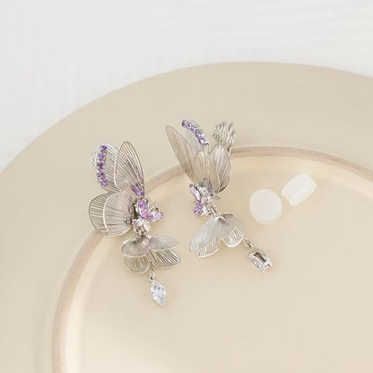 バタフライラインストーンクリップオン/ドロップイヤリング