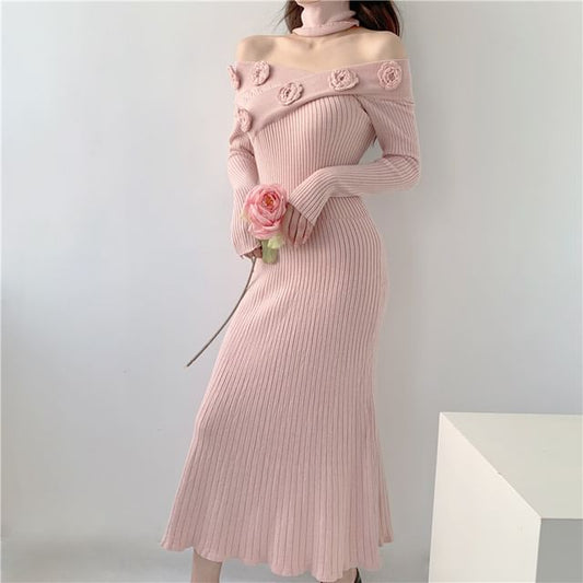 Long Sleeve Off Shoulder Flower Detail Ribbed Knit Midi Bodycon Dress