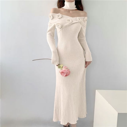 Long Sleeve Off Shoulder Flower Detail Ribbed Knit Midi Bodycon Dress