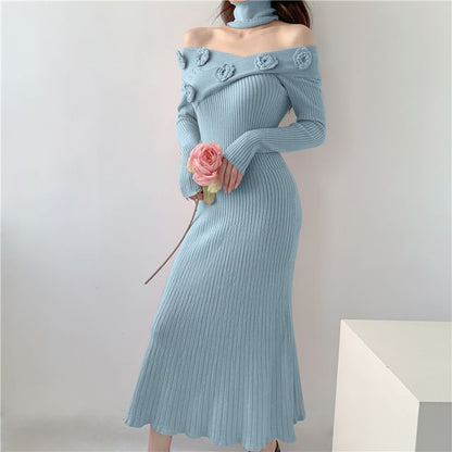 Long Sleeve Off Shoulder Flower Detail Ribbed Knit Midi Bodycon Dress