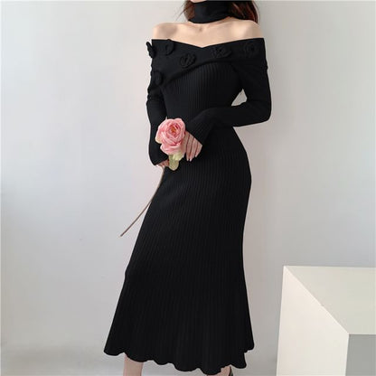 Long Sleeve Off Shoulder Flower Detail Ribbed Knit Midi Bodycon Dress