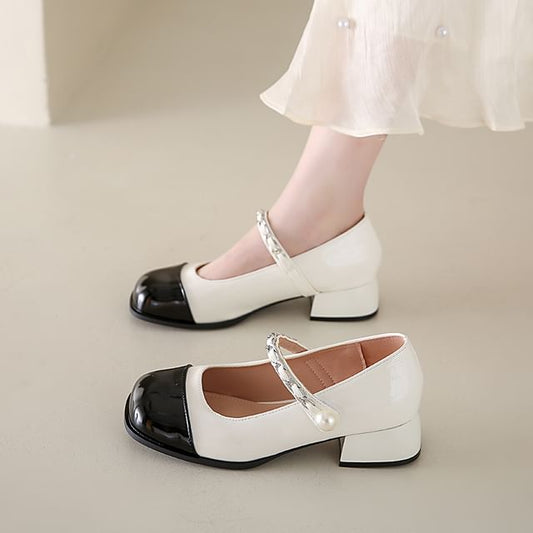 Pumps Pearl Accent Cap Jane Toe Heel Chunky Faux Mary