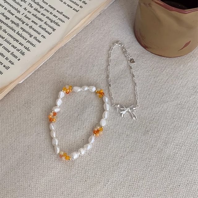 Bracelet Beaded Silver Bow / Natural 925 Pearl Sterling