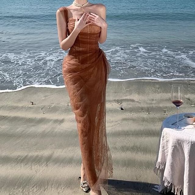 Strapless Mesh Maxi Sheath Dress