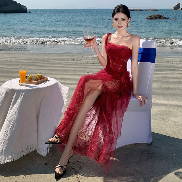 Strapless Mesh Maxi Sheath Dress