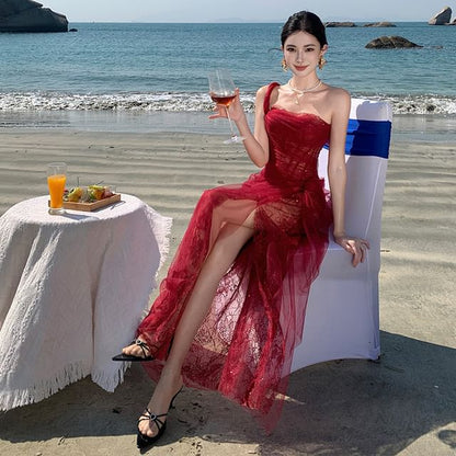 Strapless Mesh Maxi Sheath Dress