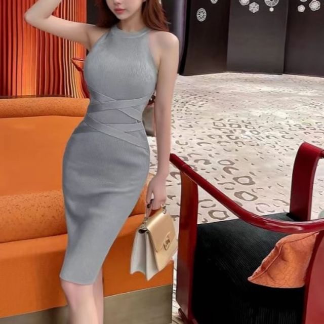 Halter Neck Plain Ribbed Sheath Knit Dress