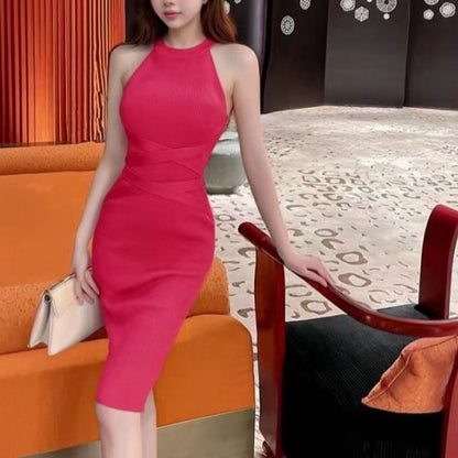 Halter Neck Plain Ribbed Sheath Knit Dress
