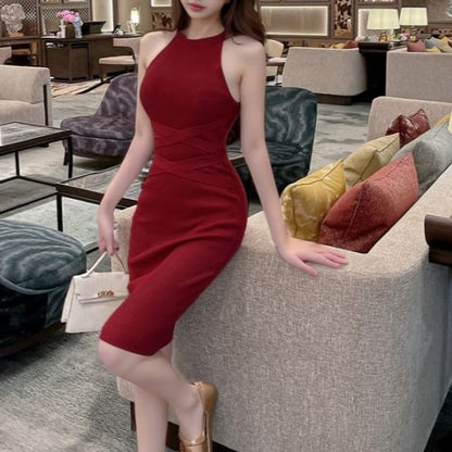 Halter Neck Plain Ribbed Sheath Knit Dress