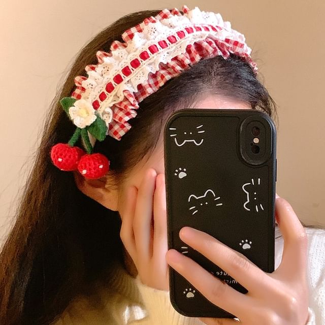 Detail Plaid Cherry Ruffle Headband