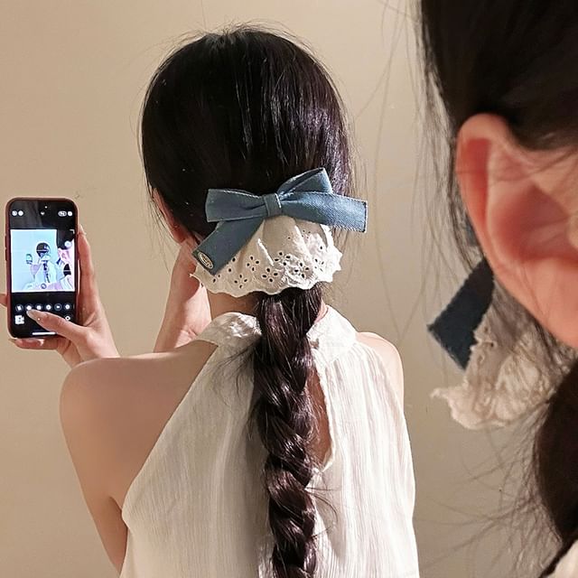 Hair Bow Denim Ruffle Clip Panel
