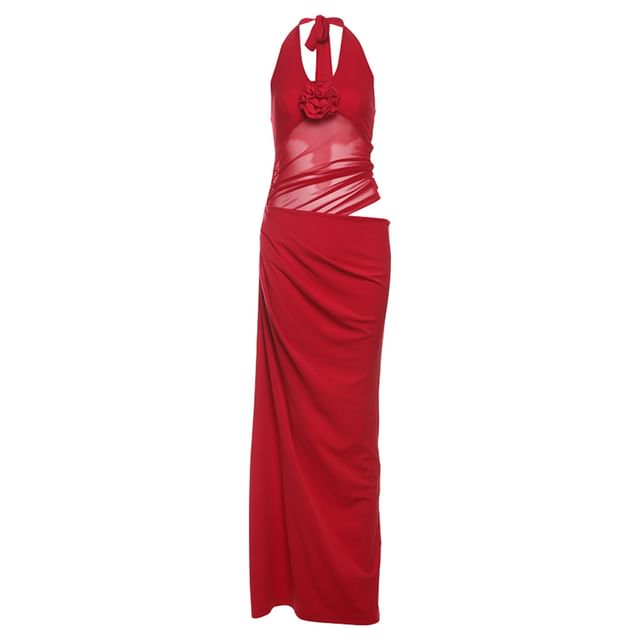 Sleeveless Floral Cutout Mesh Panel Maxi Bodycon Dress