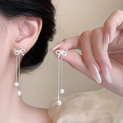 Earring Faux Rhinestone Pearl Dangle Bowknot