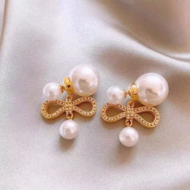 Bow Earring Pearl Drop Alloy Faux