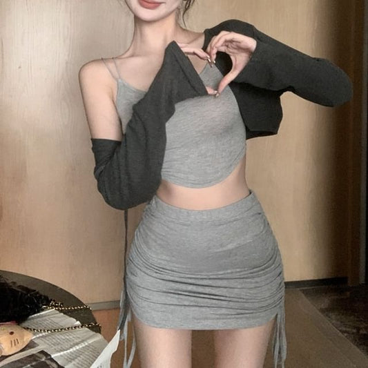 Fit Slim Camisole Elastisch / Bleistiftrock Kordelzug Top Mini Set Cardigan Taille Melange Crop