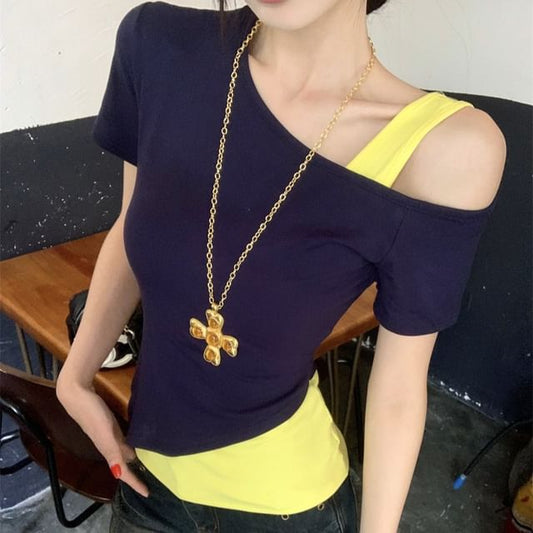 フィットトーン 半袖 アシンメトリー Tシャツ コールドショルダー モック スリムネック ツーピース
