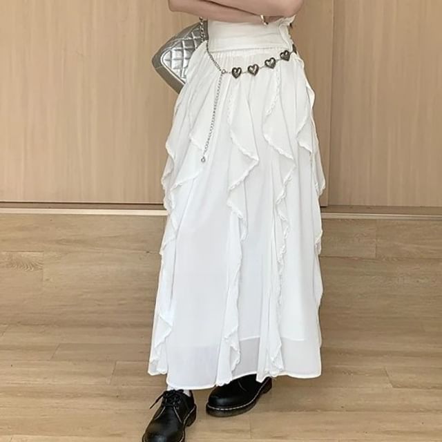 Schlankes Midi-/Taillen-A-Linien-Tanktop mit elastischem Oberteil, asymmetrischer Besatz, Rockpassform, schlichte Rüschen