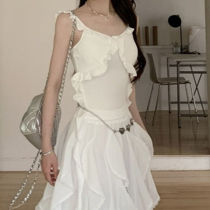 Schlankes Midi-/Taillen-A-Linien-Tanktop mit elastischem Oberteil, asymmetrischer Besatz, Rockpassform, schlichte Rüschen