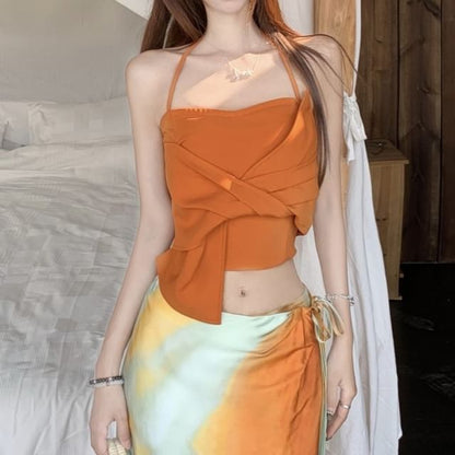 Knotenwickel-Krawatten-Fit / Mittelschmal geschnittenes Maxi-Camisole mit Neckholder und A-Linien-Oberteil und Rock, einfarbig, gefärbt