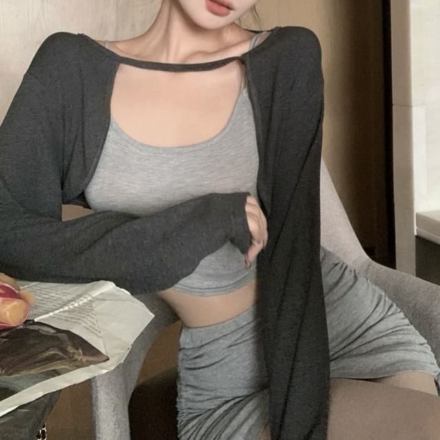 フィットスリムキャミソール 伸縮性/ペンシルスカート ドローストリングトップ ミニセット カーディガン ウエスト メランジ クロップ