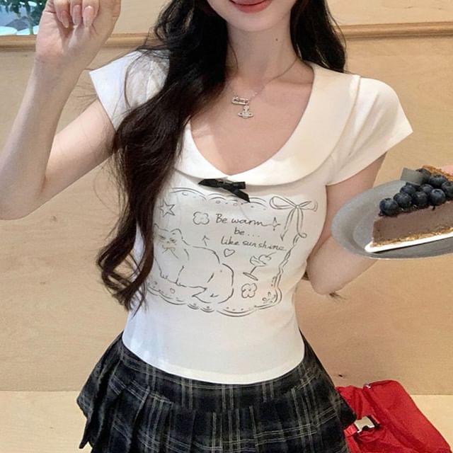 首輪付き猫キャッププリントスリーブボウ