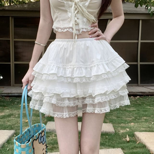 Schlichter Panelrock Gestufte Taille Spitze A-Linie Mini Hoch