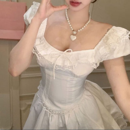 Schleife Rock Taille Ärmel Mini Plain Bluse / A-Linie Spitze Kappe Hals Trim Quadrat Rüsche Hohe