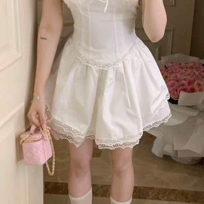 Schleife Rock Taille Ärmel Mini Plain Bluse / A-Linie Spitze Kappe Hals Trim Quadrat Rüsche Hohe