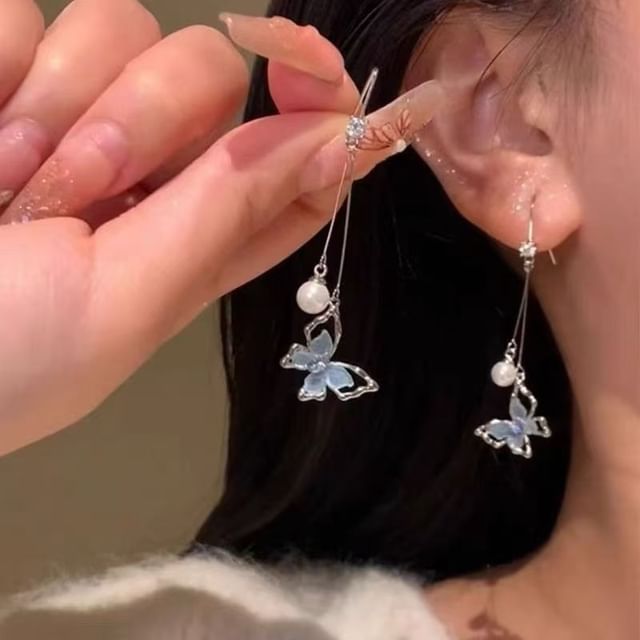 Alloy Butterfly Dangle Earring Faux Pearl