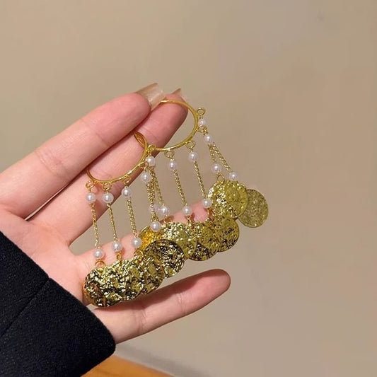 ディスクテクスチャ合金シャンデリアパールフェイクイヤリング